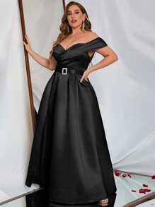 Plus Off Shoulder Split Thigh Belted Satin Dress - Black - View 6