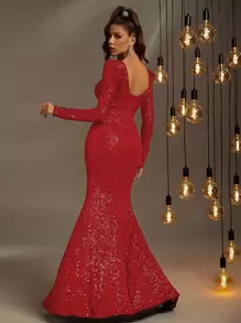 Đầm Lộ Lưng Xù Dây kéo Tách cao màu trơn Buổi tiệc - Đỏ - Xem 2