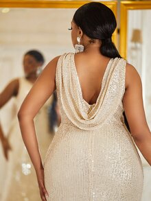 YISIKADO Plus Draped Backless Sequin Formal Dress - Champagne - View 2