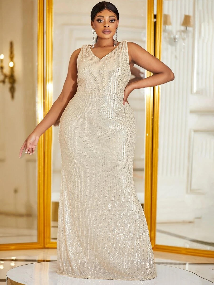 YISIKADO Plus Draped Backless Sequin Formal Dress - Champagne - View 1