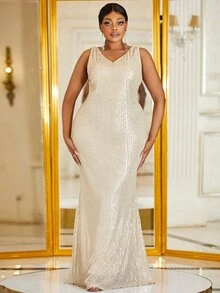 YISIKADO Plus Draped Backless Sequin Formal Dress - Champagne - View 3