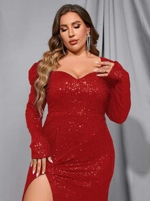 Faeriesty Plus Sweetheart Neck Ruched Split Thigh Sequin Prom Dress - Red - View 8