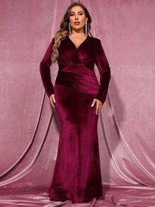Plus Surplice Neck Velvet Formal Dress - Maroon - View 1