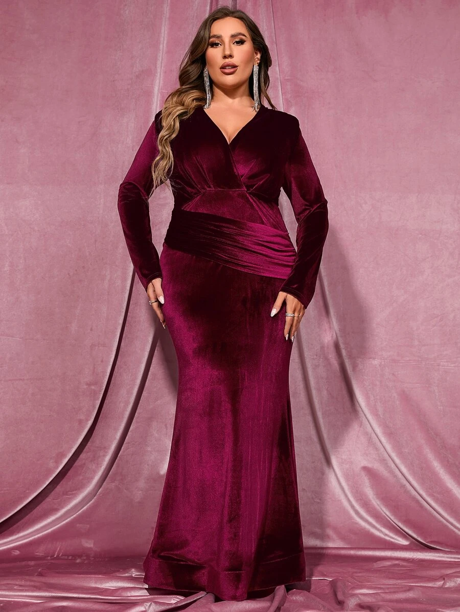 Plus Surplice Neck Velvet Formal Dress - Maroon - View 1