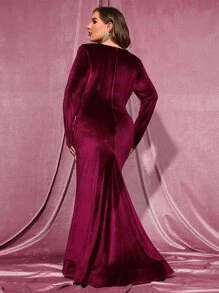 Plus Surplice Neck Velvet Formal Dress - Maroon - View 2