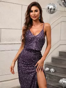Đầm dạ hội sang trọng dành cho nữ với thiết kế dây mảnh đính sequin lấp lánh và đường xẻ cao. - Màu tím - Xem 3