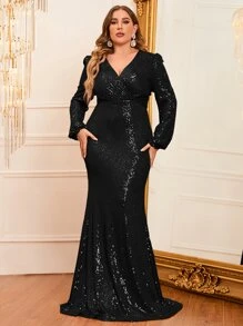 Đầm Plus Size Trọn gói Dây kéo màu trơn Buổi tiệc - màu đen - Xem 8