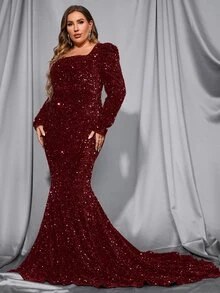 Faeriesty Elegant Plus-Size Square Neck Sequin Mermaid Evening Gown With Bubble Sleeves – Perfect For Black-Tie Galas, Luxury Resort Events, Destination Wedding Receptions, Red Carpet Photoshoots, And Grand Formal Dinners. - Burgundy - View 4