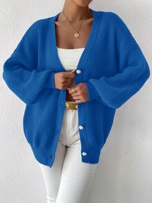 SHEIN Essnce Cárdigan de manga farol con botón delantero - Azul - Ver 3