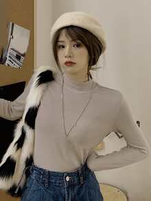 Solid Mock Neck Slim Tee - Khaki - View 3