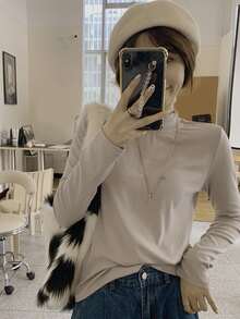 Solid Mock Neck Slim Tee - Khaki - View 5