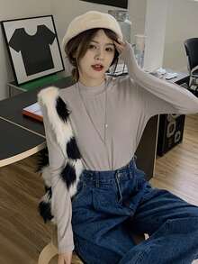 Solid Mock Neck Slim Tee - Khaki - View 6