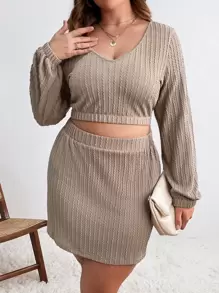 Calvaya Plus Lantern Sleeve Crop Top & Skirt - Khaki - View 1