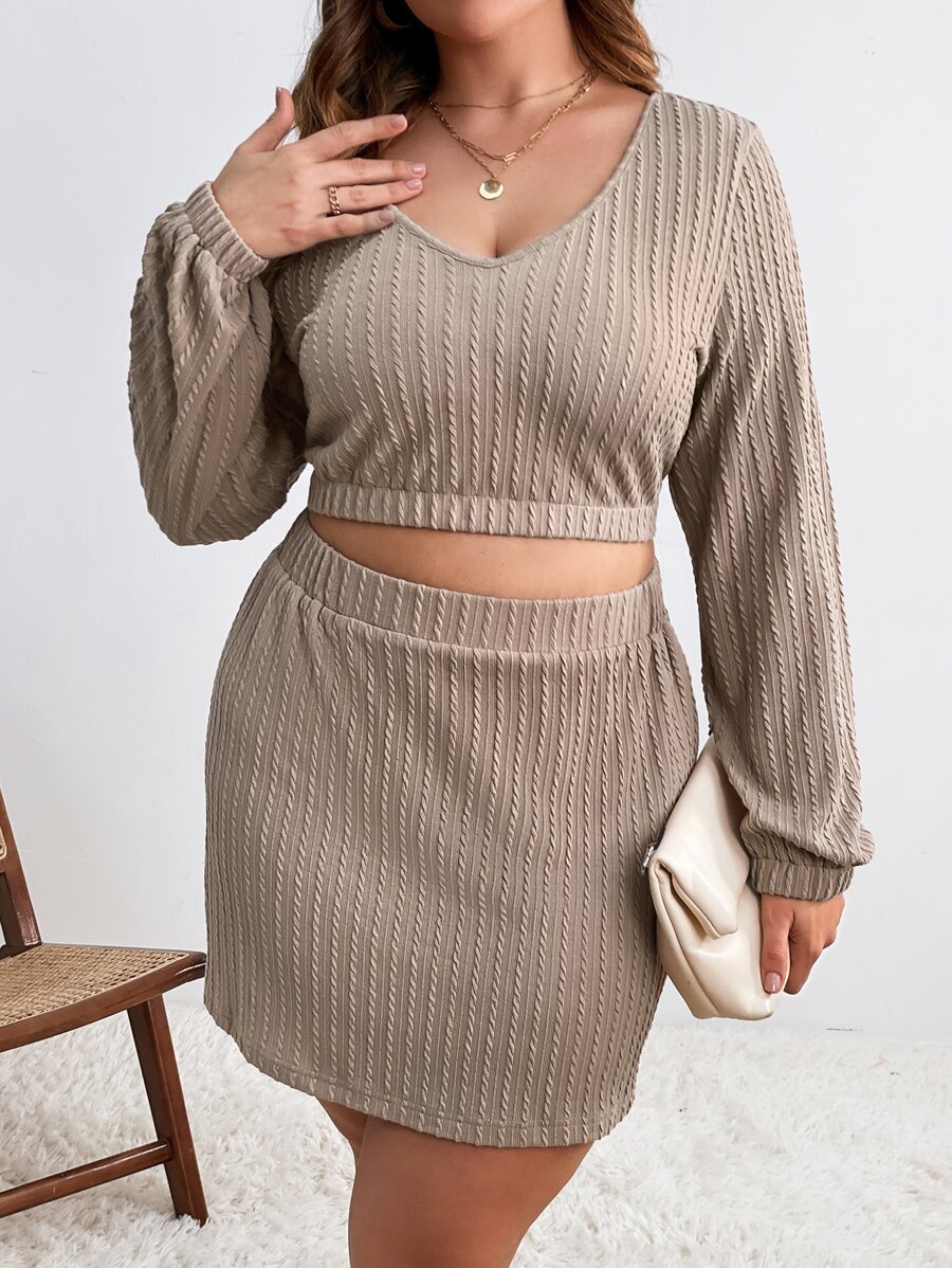 Calvaya Plus Lantern Sleeve Crop Top & Skirt - Khaki - View 1