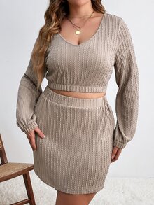 Calvaya Plus Lantern Sleeve Crop Top & Skirt - Khaki - View 3