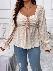 Vionelle Áo Peplum tay bèo cổ trái tim có dây rút Swiss Dot Plus - Màu be - Xem 4