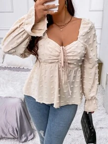 Vionelle Áo Peplum tay bèo cổ trái tim có dây rút Swiss Dot Plus - Màu be - Xem 5