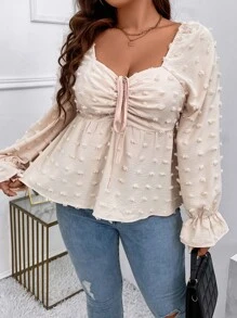 Vionelle Áo Peplum tay bèo cổ trái tim có dây rút Swiss Dot Plus - Màu be - Xem 6