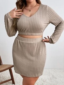 Calvaya Plus Lantern Sleeve Crop Top & Skirt - Khaki - View 6