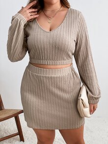 Calvaya Plus Lantern Sleeve Crop Top & Skirt - Khaki - View 7