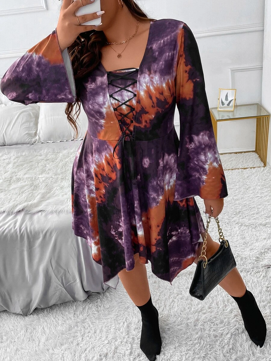 SHEIN LUNE Plus Tie Dye Lace Up Front Trumpet Sleeve Asymmetrical Hanky Hem Dress - Multicolor - View 1