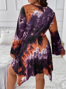 SHEIN LUNE Plus Tie Dye Lace Up Front Trumpet Sleeve Asymmetrical Hanky Hem Dress - Multicolor - View 2