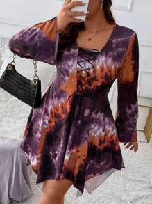 SHEIN LUNE Plus Tie Dye Lace Up Front Trumpet Sleeve Asymmetrical Hanky Hem Dress - Multicolor - View 3