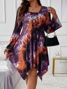 SHEIN LUNE Plus Tie Dye Lace Up Front Trumpet Sleeve Asymmetrical Hanky Hem Dress - Multicolor - View 4