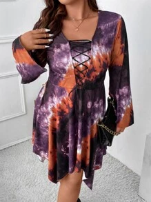 SHEIN LUNE Plus Tie Dye Lace Up Front Trumpet Sleeve Asymmetrical Hanky Hem Dress - Multicolor - View 6
