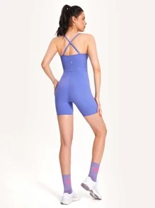 SHEIN GLOWMODE X Marika Sila  6" FeatherFit™ Tummy Control Adjustable Straps Sports Romper Low Impact Yoga Daily Summer - Periwinkle Blue - View 9