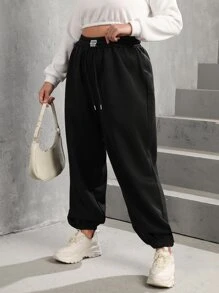 SHEIN EZwear 大碼腰部抽繩字母圖案衛褲 - 黑色 - 查看 1