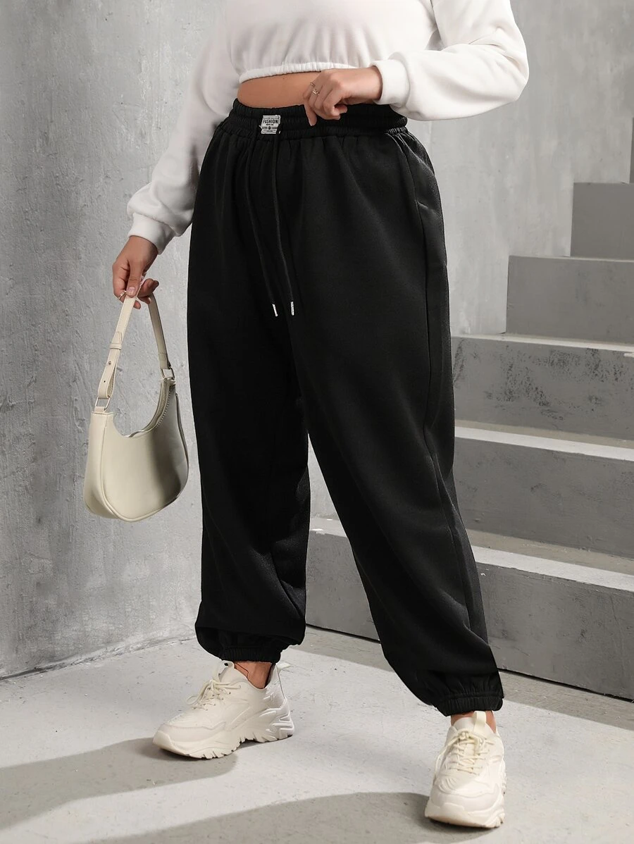 SHEIN EZwear 大碼腰部抽繩字母圖案衛褲 - 黑色 - 查看 1