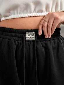 SHEIN EZwear 大碼腰部抽繩字母圖案衛褲 - 黑色 - 查看 6