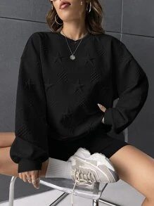 SHEIN EZwear Star Embossed Drop Shoulder Sweatshirt In Fall/Winter - Black - View 1