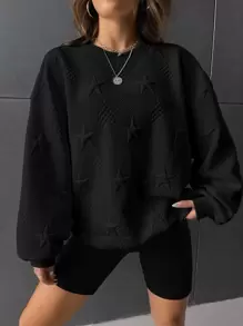 SHEIN EZwear Star Embossed Drop Shoulder Sweatshirt In Fall/Winter - Black - View 3