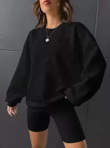 SHEIN EZwear Star Embossed Drop Shoulder Sweatshirt In Fall/Winter - Black - View 4