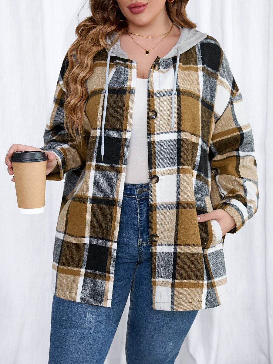 Calvaya Plus Plaid Drop Shoulder Drawstring Hooded Coat - Multicolor - View 1