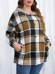 Calvaya Plus Plaid Drop Shoulder Drawstring Hooded Coat - Multicolor - View 3