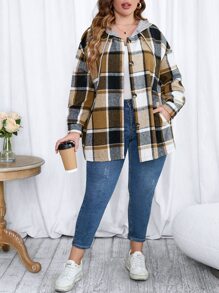 Calvaya Plus Plaid Drop Shoulder Drawstring Hooded Coat - Multicolor - View 4