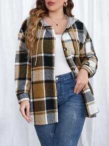 Calvaya Plus Plaid Drop Shoulder Drawstring Hooded Coat - Multicolor - View 5