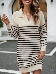 SHEIN Frenchy Ladies áo len váy Sọc Giải trí - Màu be - Xem 5