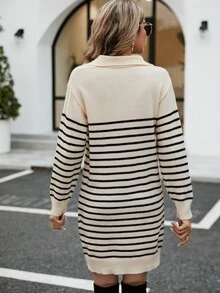SHEIN Frenchy Ladies áo len váy Sọc Giải trí - Màu be - Xem 2