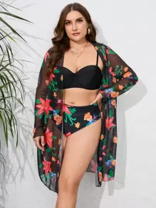 Swim Vcay Summer Beach Plus Size Floral Print Push Up Bikini Set With Kimono - Multicolor - View 3