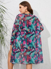 加大碼 3入組熱帶印花十字背比基尼套裝和長袍，夏季海灘必備 - 彩色 - 查看 2