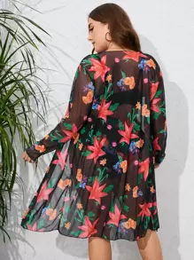 Swim Vcay Summer Beach Plus Size Floral Print Push Up Bikini Set With Kimono - Multicolor - View 2