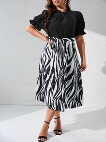 SHEIN Clasi Plus Zebra Striped Puff Sleeve Belted Dress - Black and White - View 1