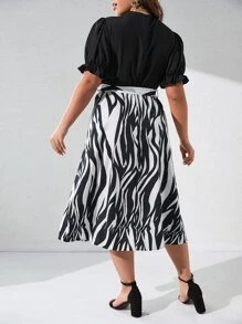 SHEIN Clasi Plus Zebra Striped Puff Sleeve Belted Dress - Black and White - View 2