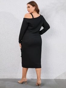 Celure 大碼不對稱領抽繩前開衩洋裝 - 黑色 - 查看 2