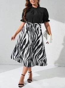 SHEIN Clasi Plus Zebra Striped Puff Sleeve Belted Dress - Black and White - View 5