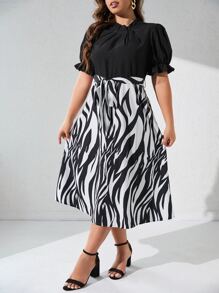 SHEIN Clasi Plus Zebra Striped Puff Sleeve Belted Dress - Black and White - View 6